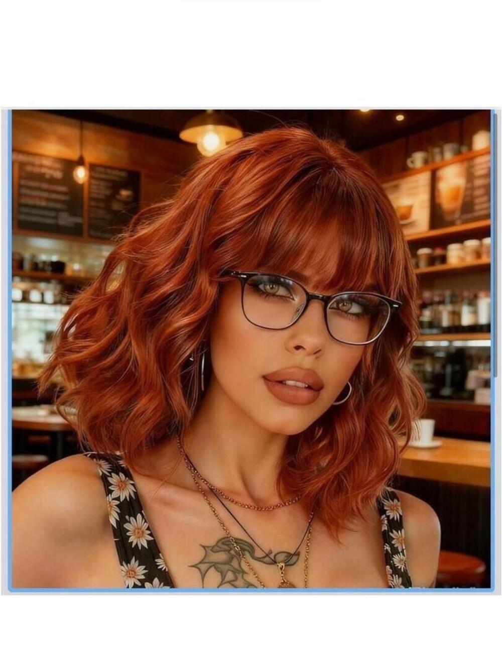 Wavy Copper Red Bob Wig with Bangs - Stylish Womens Synthetic Hair - New in Box